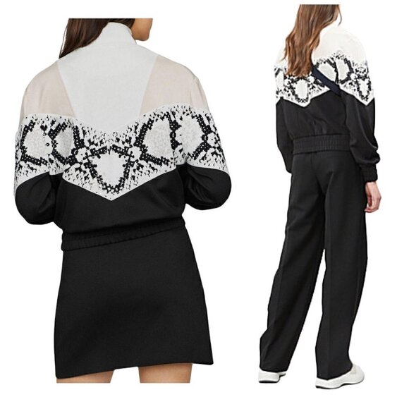 Maje Thelo Color-Blocked Neoprene Zip Track Jacket size 2/M, black, white, cream - Picture 2 of 15